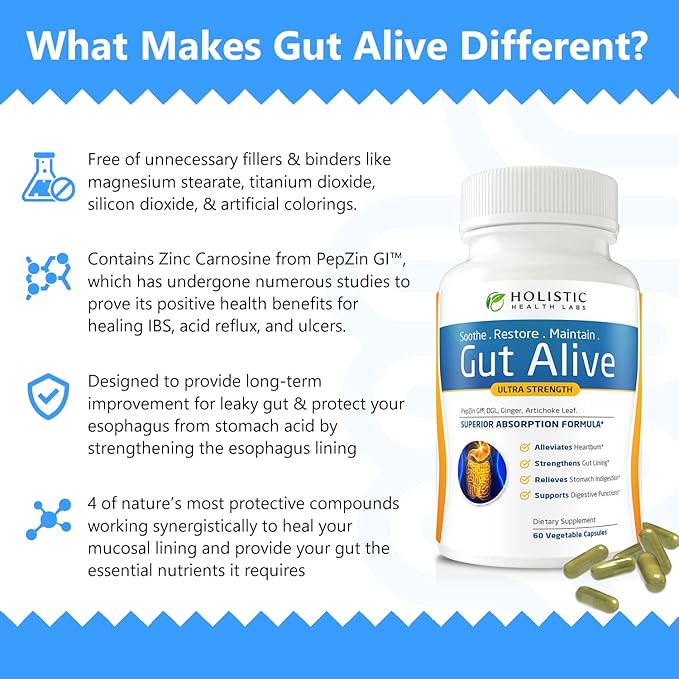 Gut Alive Restore Gut Lining – Zinc Carnosine Capsules for Leaky Gut, IBS, Heartburn, Acid Reflux & Bloating (60 Caps)